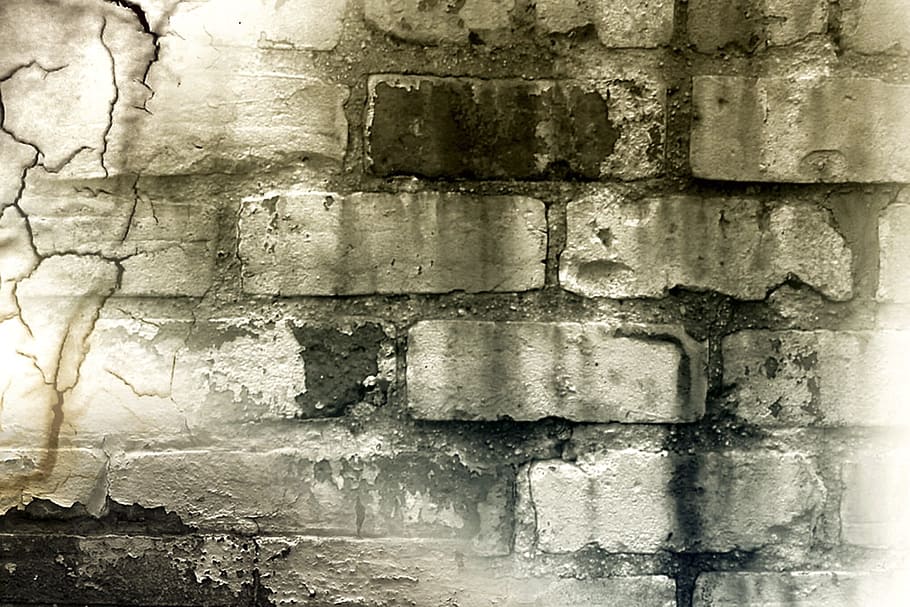 close view of grey brick wall, cracks, erosion, digital art HD wallpaper
