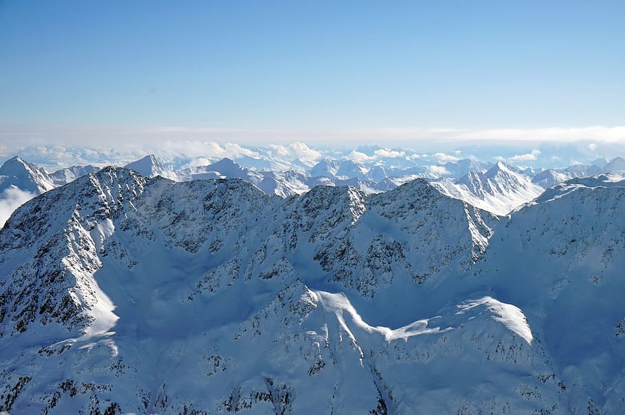snow-covered mountain under blue sky, winter, mountain peak HD wallpaper
