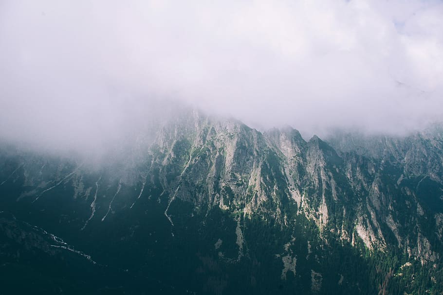 white and black mountain photo during daytime, fog, mountains HD wallpaper