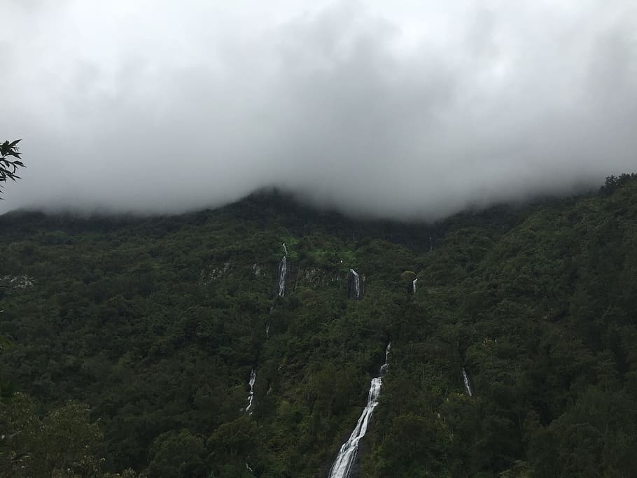 waterfalls in forest under white clouds nature photography, aerial shot of forest and falls HD wallpaper