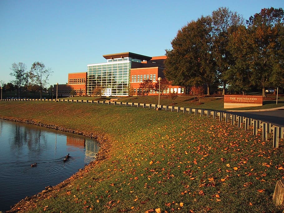 building, lake, fall, architecture, landscape, view, college HD wallpaper