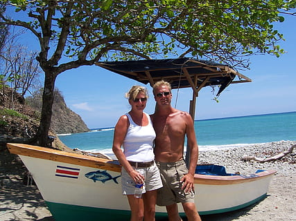 Boat, Beach, People, Man, Woman, Hug, island, blue, water, shade HD wallpaper
