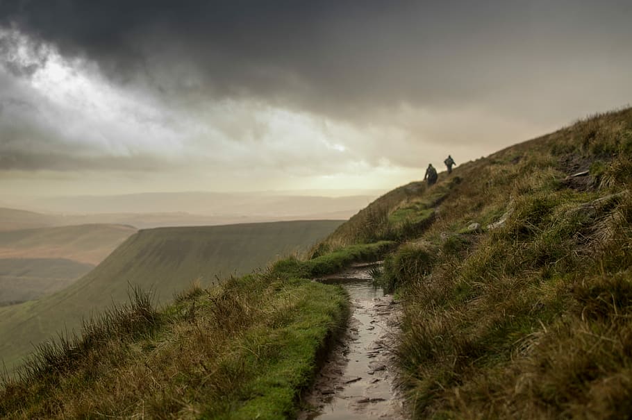 two person walking on green grass field mountain, two persons hiking on hill HD wallpaper