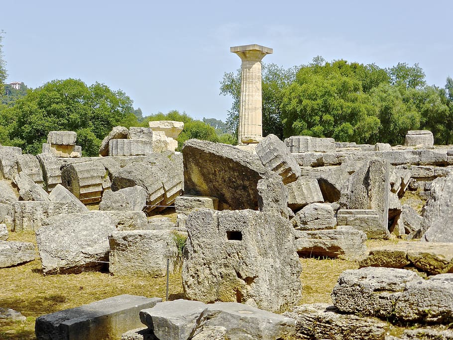 Column, Ruins, Roman, Stone, Olympia, ancient, history, temple HD wallpaper