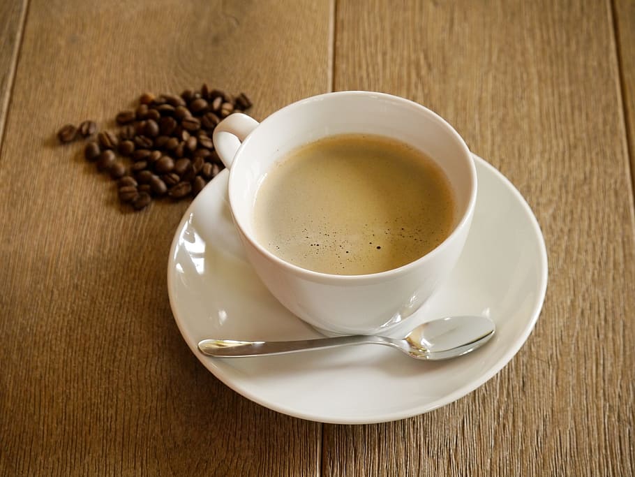 white ceramic cup filled with coffee and saucer, Coffee Cup HD wallpaper