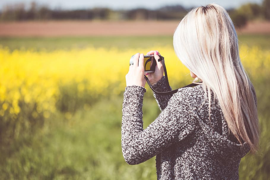 Girl Taking a Photo in Nature, blonde, camera, fields, people