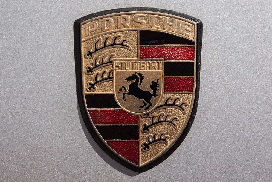 Porsche emblem in close-up photo, coat of arms, signet, logo