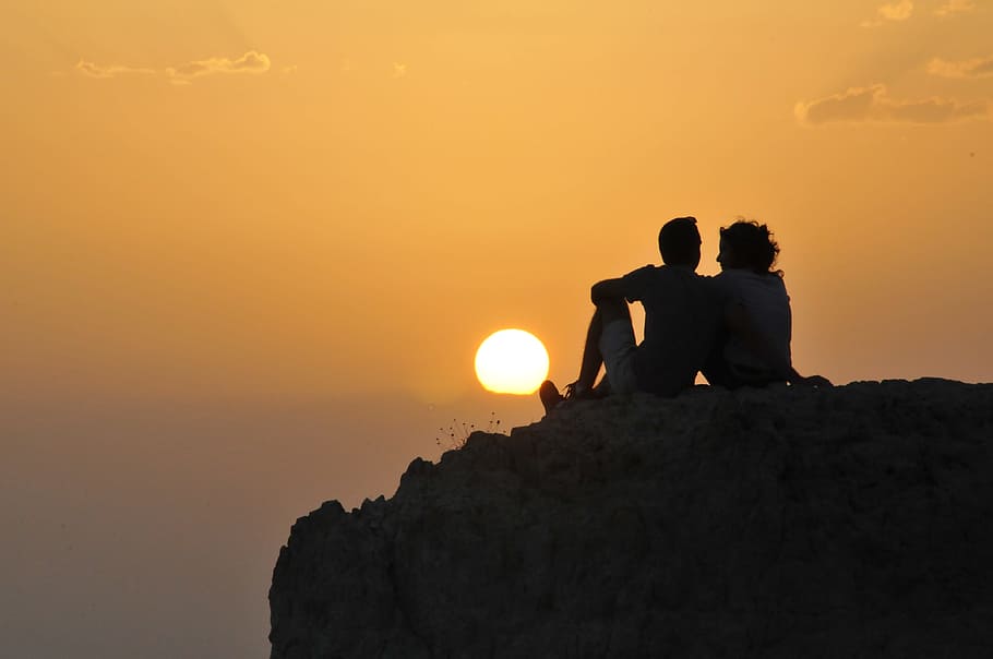 two person on cliff, sunset, cappadocia, landscape, silhouette HD wallpaper