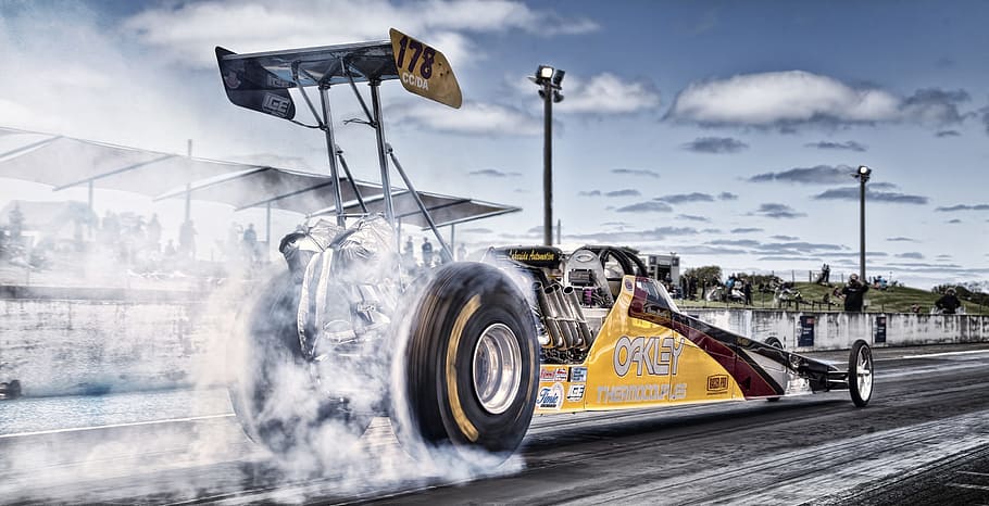 yellow race car, Racing, Burnout, Drag, Fast, Speed, transportation HD wallpaper
