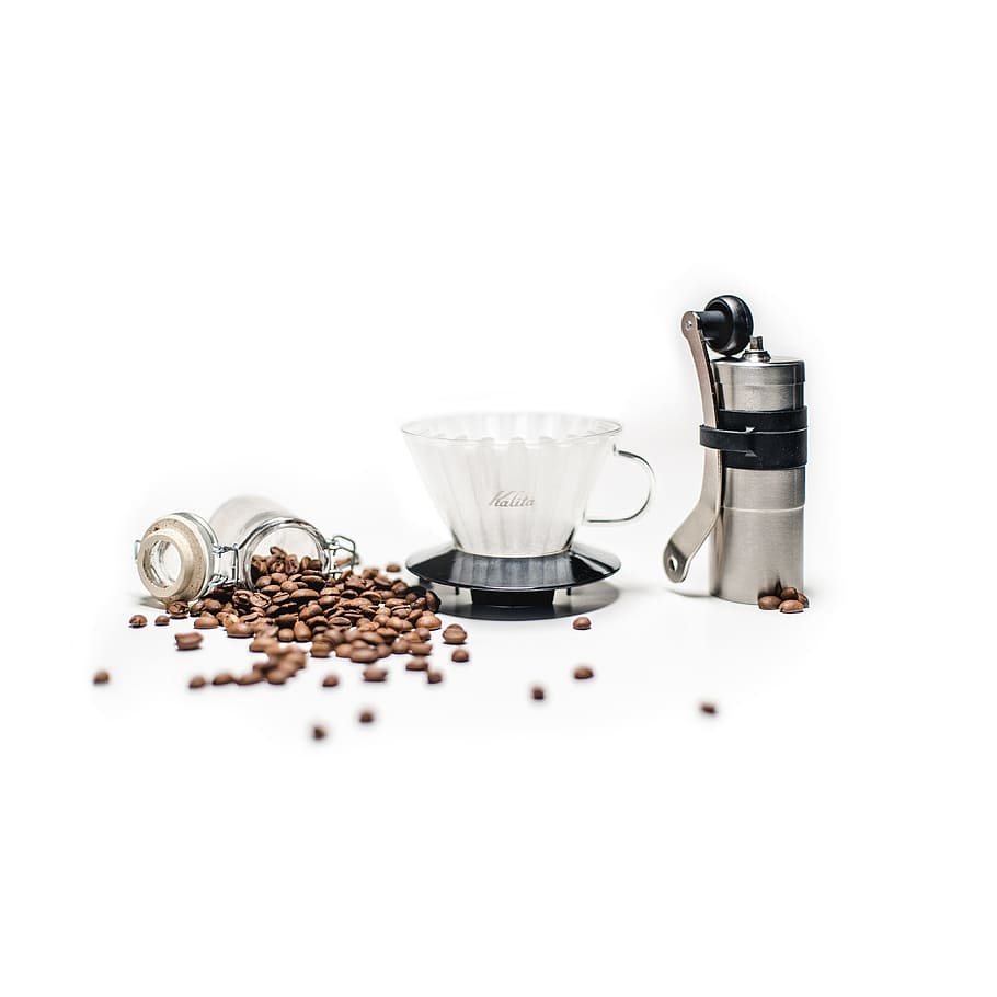 coffee been beside cup, coffee seeds, stainless steel, coffee grinder HD wallpaper