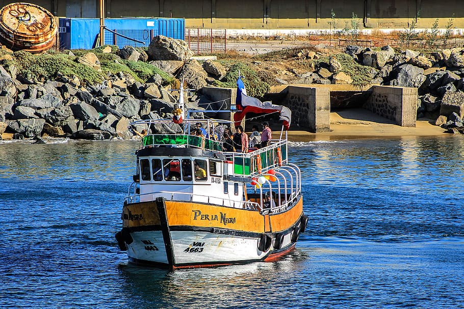 Rocks, Boat, Spring, Chile, Sea, baron dock, sky, hills, travel HD wallpaper
