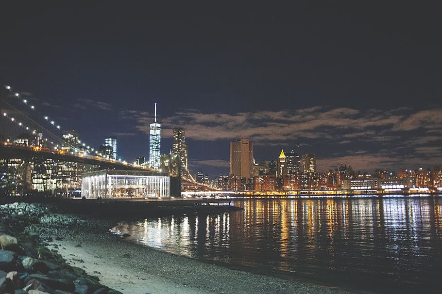 Night in New York, architecture and Cityscape, river, urban Scene HD wallpaper