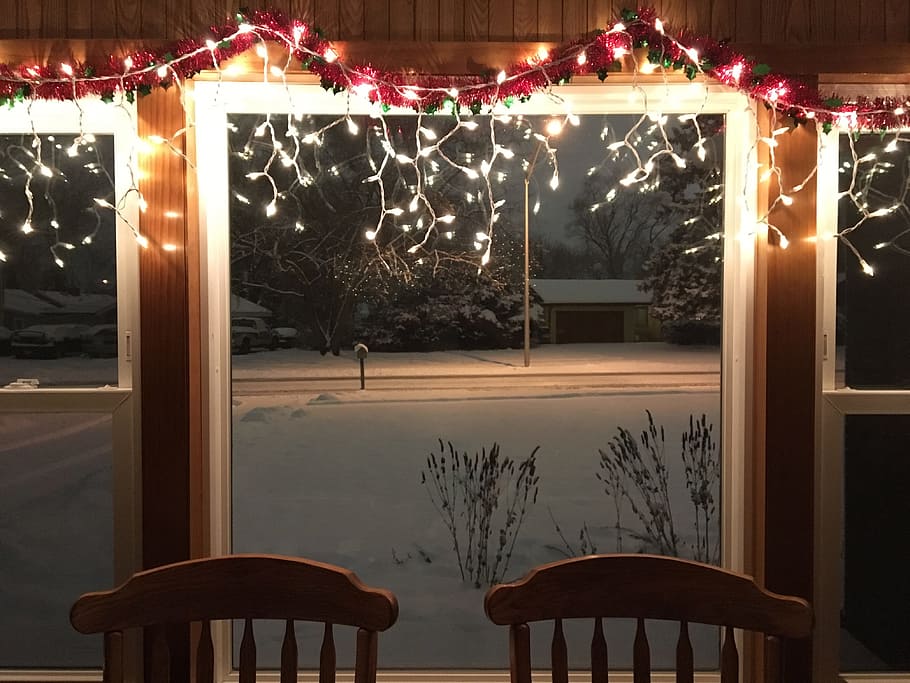 Christmas, Snow, Chairs, Window, Lights, xmas, holiday, white HD wallpaper