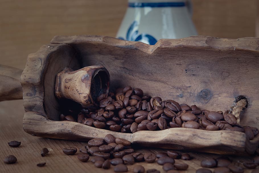 coffee, coffee beans, brown, roasted, cafe, caffeine, dry, wooden shovel, HD wallpaper