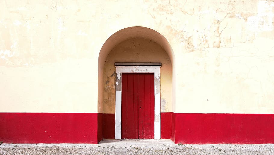red wooden door, arch, architecture, building, concrete surface HD wallpaper