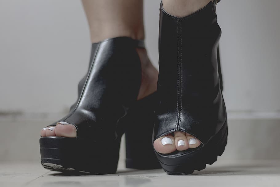 Person Wearing Black Platform Chunky Heels, fashion, feet, footwear