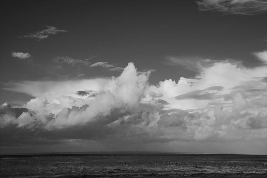 clouds, horizon, atmosphere, landscape sea sky white black HD wallpaper