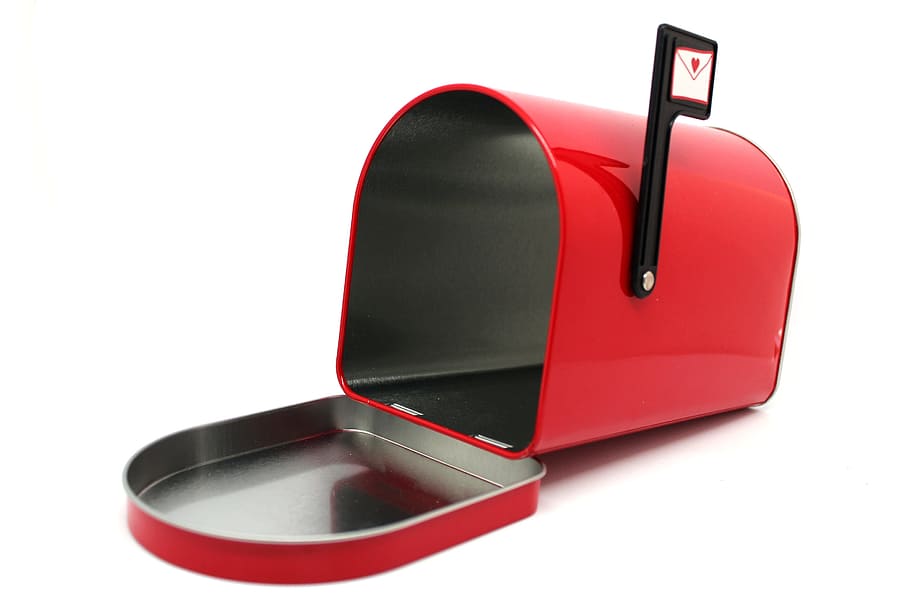 red and black mail box on white surface, mailbox, letter, metallic, HD wallpaper