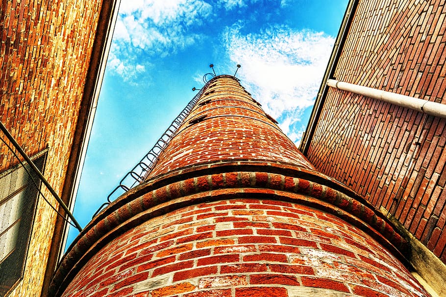 low angle photography of brick tower, chimney, industry, pollution HD wallpaper