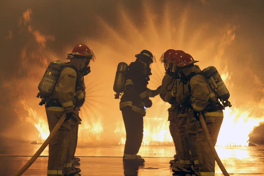 photo of five fire man, firefighters, portrait, training, monitor, HD wallpaper