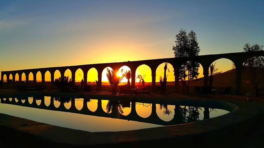 dawn, reflection, mirror, merzuga, sunrises, bridge, water HD wallpaper
