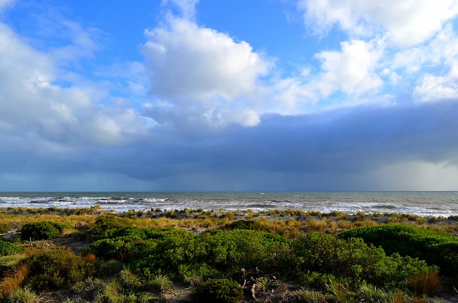 rain, sky, cloud, sun, shore, waves, landscape, water, thunderstorm HD wallpaper