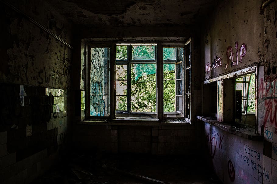 graffiti, abandoned, building, window, indoors, damaged, obsolete HD wallpaper