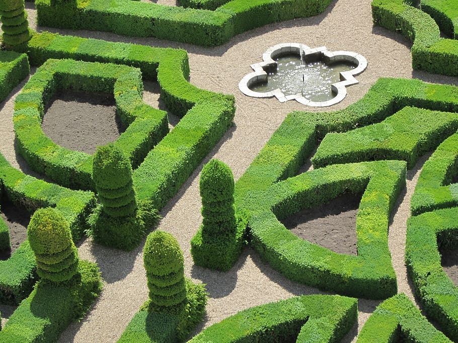 aerial photography of puzzle topiary plants at daytime, château de villandry