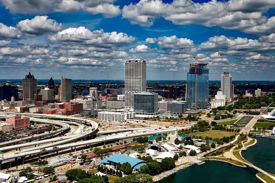 aerial view of city buildings, milwaukee, wisconsin, urban, skyline