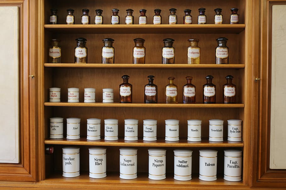 assorted bottles on brown wooden shelf, pharmacy, chemistry, drug, HD wallpaper