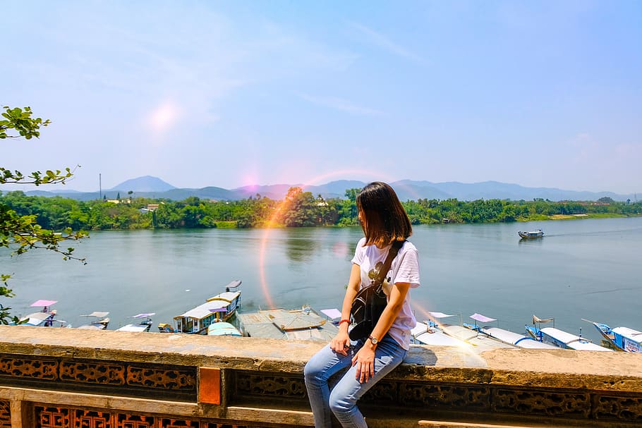 landscape, vietnam, hue city, river, girl, ships, harbour, real people