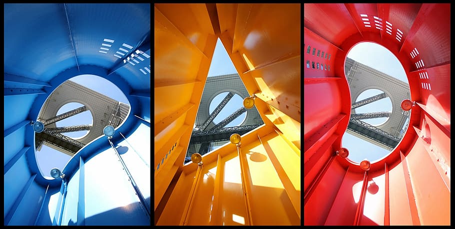 architecture, collage, building, city, colors, red yellow blue HD wallpaper