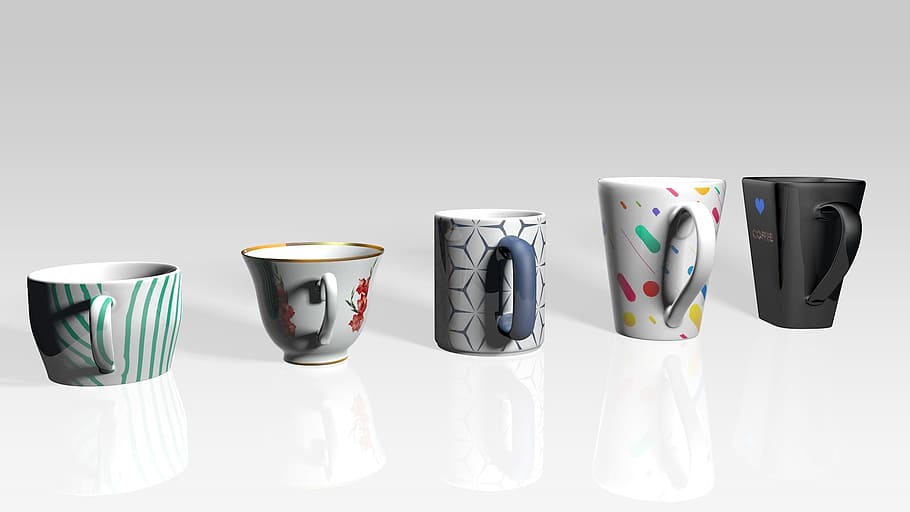 cup, render, 3d, studio shot, indoors, mug, group of objects HD wallpaper