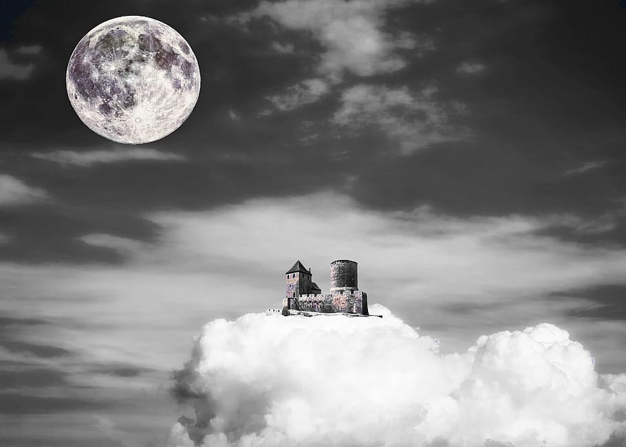 castle on a cloud, moon, sky, fantasy, abstract, fairy tale, fairytale, HD wallpaper