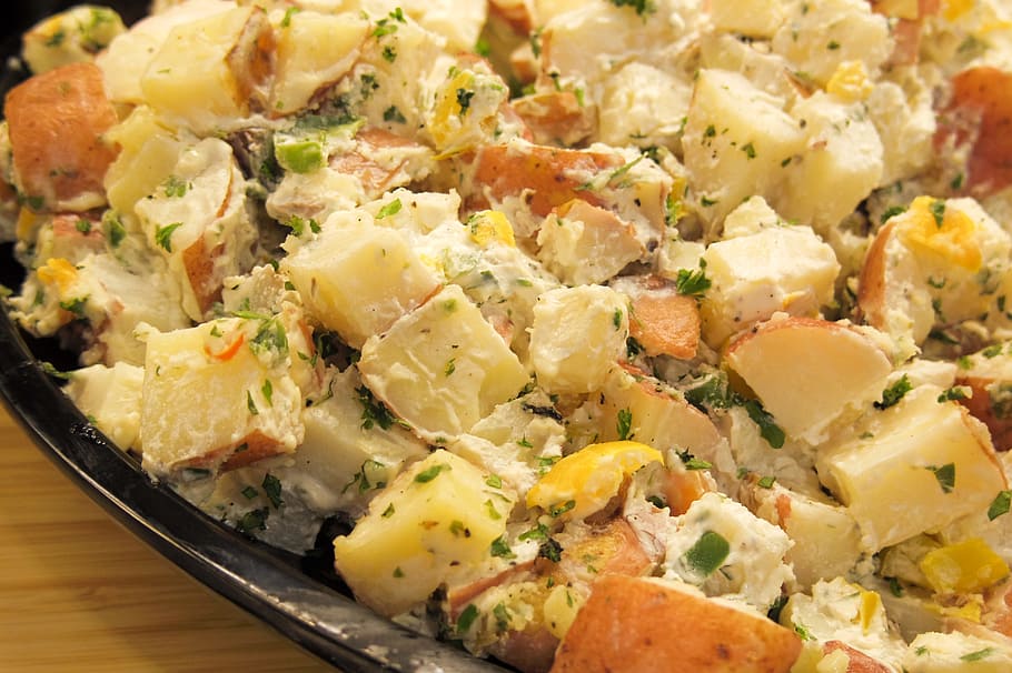 potato dish on black plate, Potato, Salad, Food, Meal, Healthy, HD wallpaper