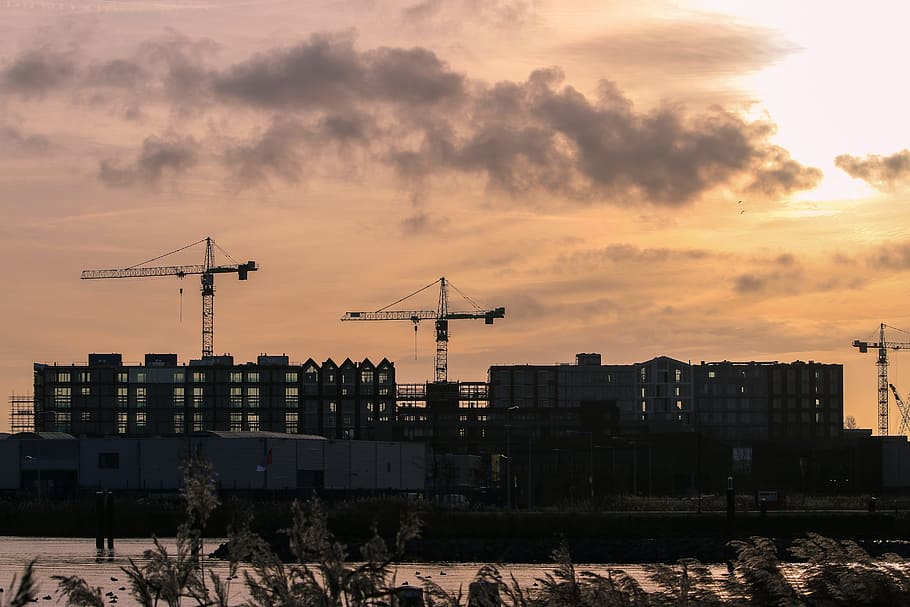 city, dawn, sky, clouds, architecture, building, construction HD wallpaper