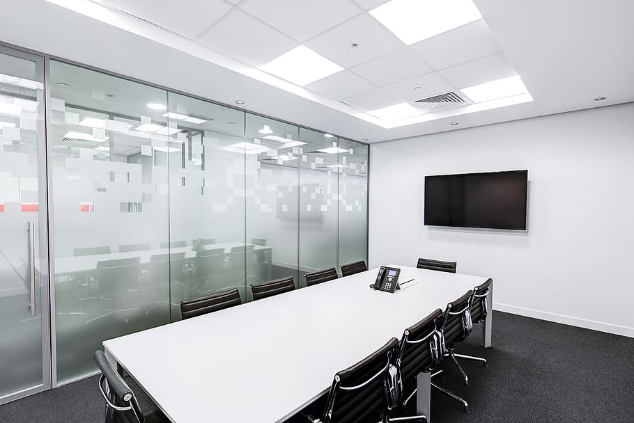 conference room with black flat screen TV mounted on the wall, HD wallpaper