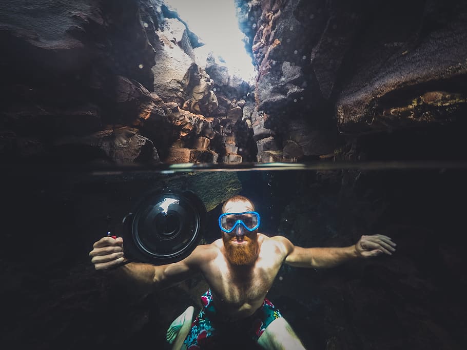 camera, people, man, swimming, water, cave, nature, rocks, one person HD wallpaper