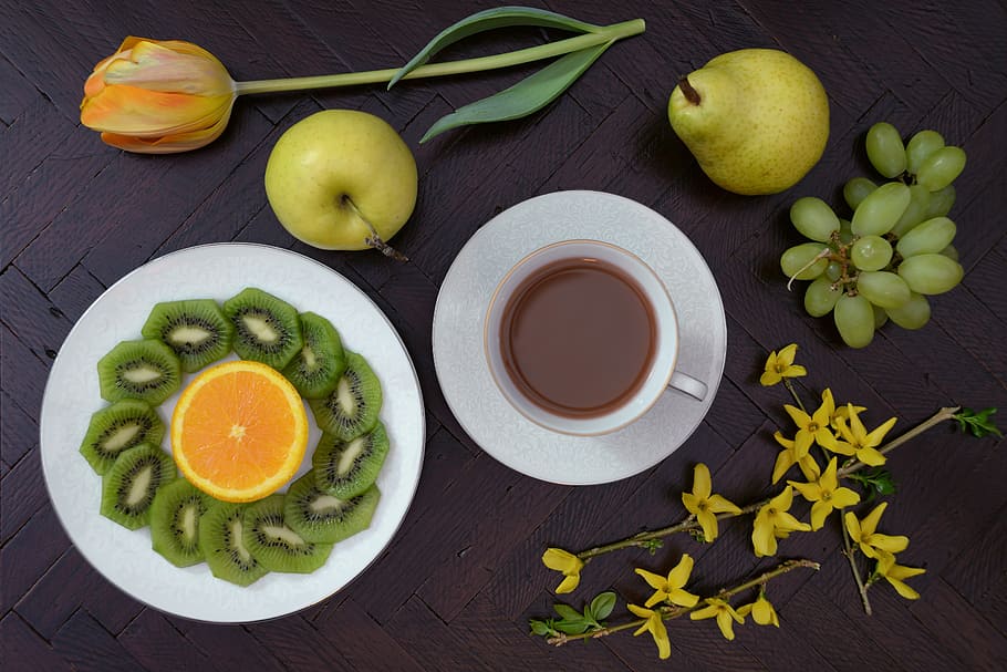 Overhead shot of coffee and fruit, food/Drink, healthy, lemon, HD wallpaper