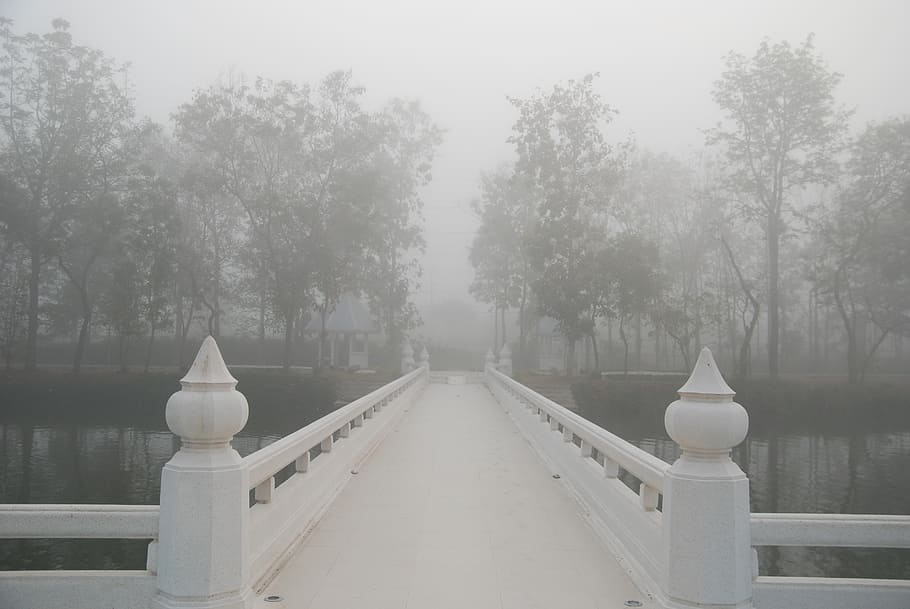 white concrete bridge pathway, meditation, lake, buddhist, tranquility, HD wallpaper