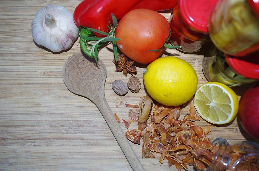 cups, bottled, zaváraniny, pepper, lemon, mace, nutmeg, star anise HD wallpaper