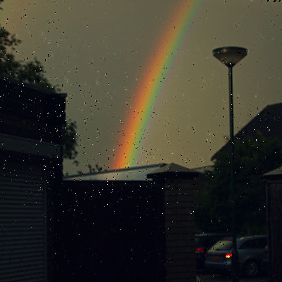 rainbow, rain shower, threatening sky, grey, heaven, clouds HD wallpaper