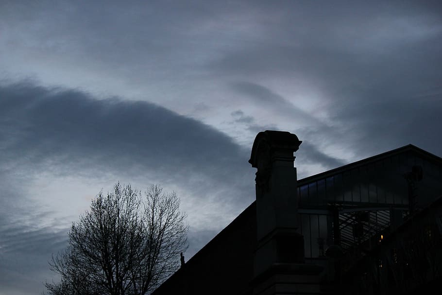 sky, fall, trees, roof, house, cloud - sky, architecture, low angle view HD wallpaper