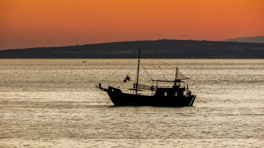 boat, shadow, sunset, sea, evening, ayia napa, cyprus, nautical vessel HD wallpaper