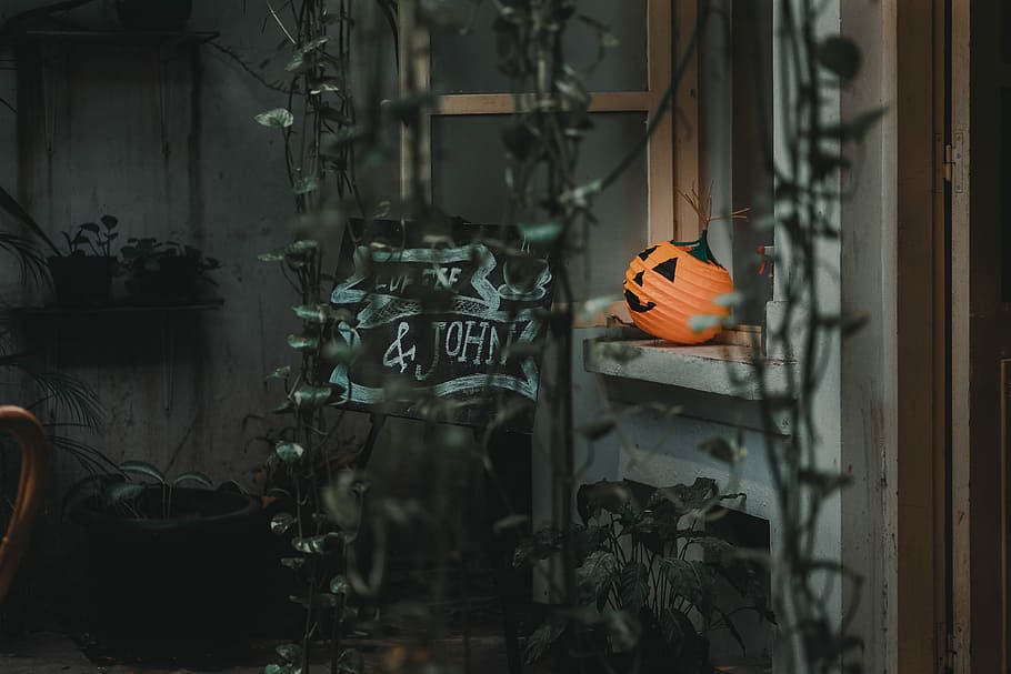selective color hanging decor, jack-o'-lantern on open window HD wallpaper