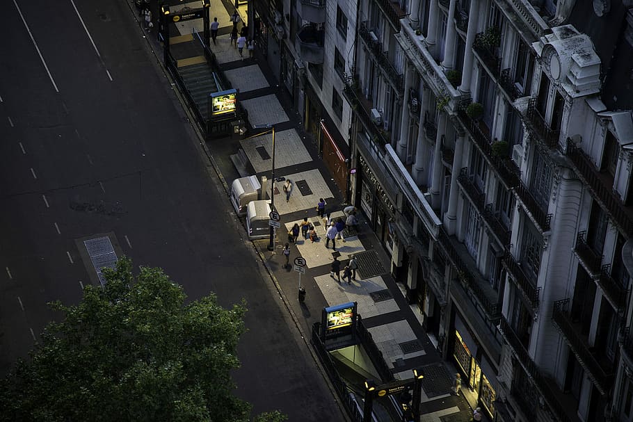 bird's eye-view photography of hotel building facade, bird's eye view of people walking near buildings HD wallpaper