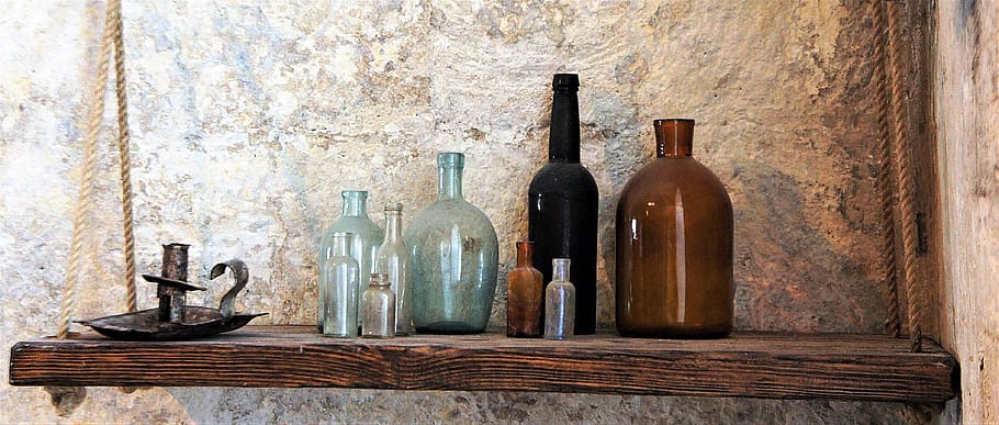 glass bottles on brown wooden floating shelf, hanging, shelve HD wallpaper
