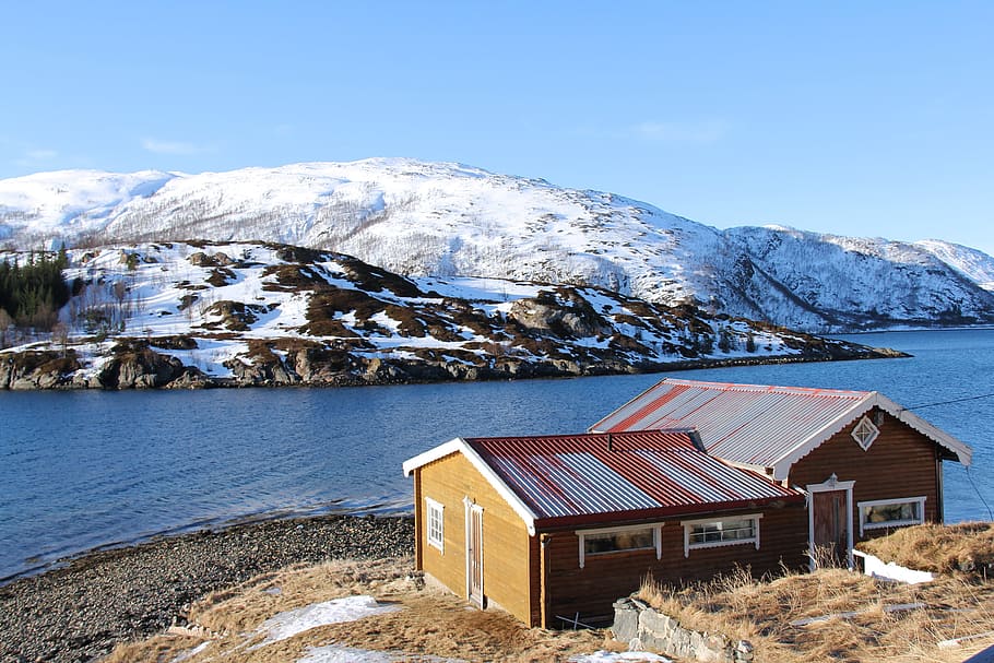 Landscape, Beautiful, Sky, Sea, Fjord, snow, mountain, nordic house, HD wallpaper