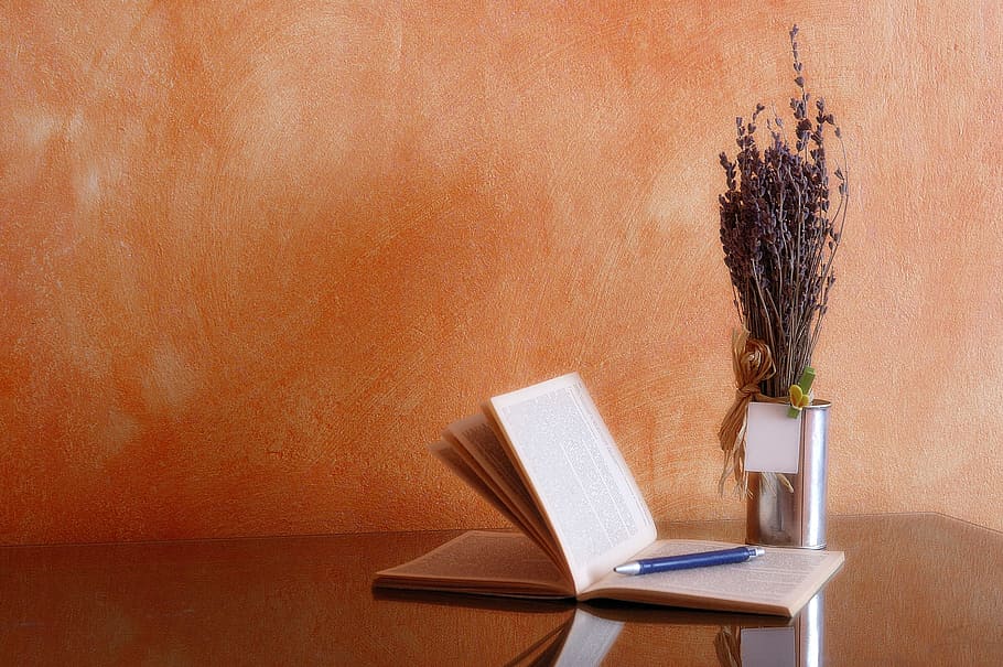 notebook with pen near silver vase on top of table, flower vase HD wallpaper