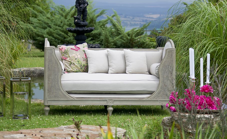 gray couch in green grass field during day time, furniture, design, HD wallpaper